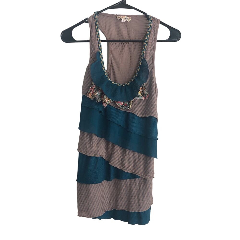 Ruffled teal brown and floral print tank by Lulumari